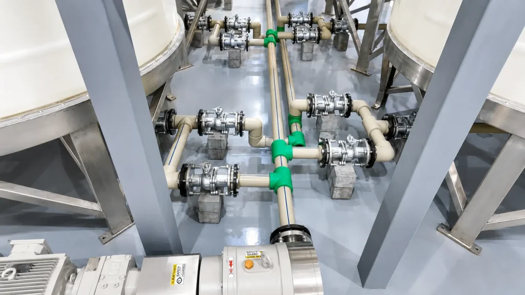 Piping and valve installation detail in Yeser Chemicals turnkey liquid detergent production line project